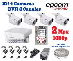 Kit 4 Camaras Epcom 2 Mpx Cctv 1 Tb Dvr 8 Ch p 100 Cable