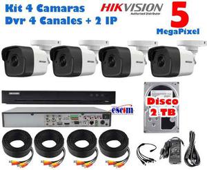 Kit 4 Camaras Hikvision 5 Mpx Dvr 4 Ch 5mp Disco 2tb + 2 Ip