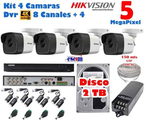 Kit 4 Camaras Hikvision 5 Mpx Dvr 12 Ch 5mp Disco 2tb Cable