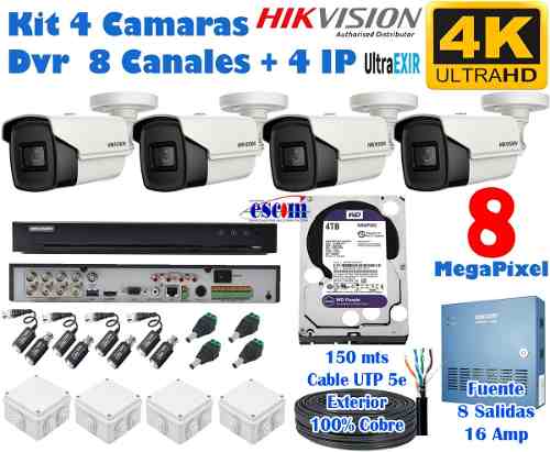 Kit 4 Camaras Hikvision 4k Disco 4 Tb, Dvr 8, 60m Ir 8 Mp
