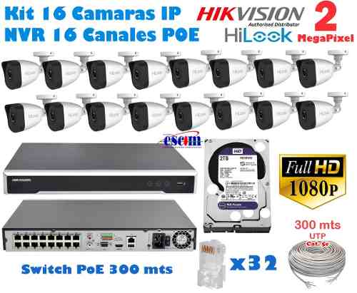 Kit 16 Camaras Ip Hikvision 2 Mpx p 2tb Cable Nvr 16 Ch