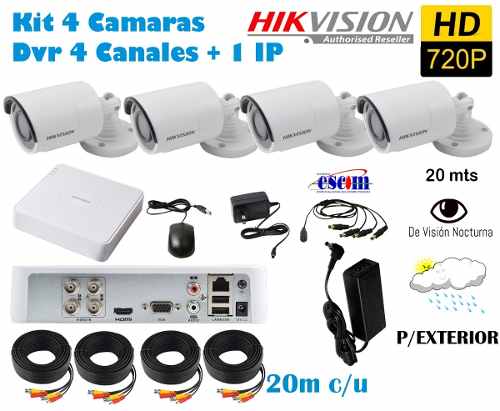 Kit 4 Camaras Bala 720p Hikvision Cables Dvr 4ch Cctv Video