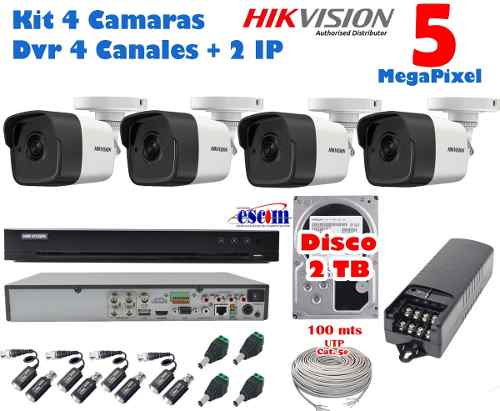 Kit 4 Camaras Hikvision 5 Mpx Dvr 4 Ch 5mp Disco 2tb 100m Ca