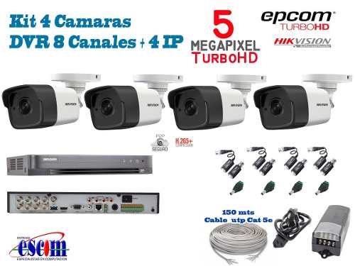 Kit 4 Camaras Hikvision 5 Mpx Dvr 8 Ch 5 Megapixel 20m Ir