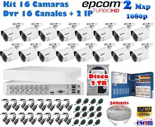 Kit 16 Camaras Epcom 2 Mpx Cctv 2 Tb Dvr 16 Ch p 300 Cab