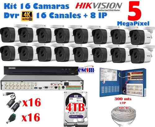 Kit 16 Camaras Hikvision 5 Mpx Dvr 24 Ch 5mp Disco 4tb Purpl