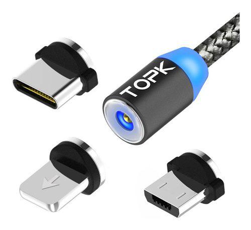 Cable Usb Magnetico Topk 3 En 1 Micro Usb, Tipo C, iPhone