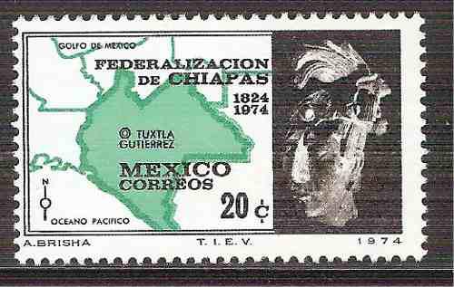 1974 Mapa Estado De Chiapas Y Punto Cardinal Sc 1067 Mnh