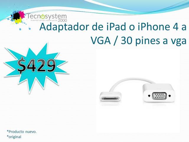 Adaptador de iPad o iPhone 4 a VGA / 30 pines a vga