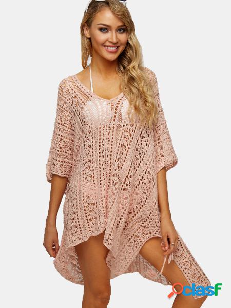 Crochet con cuello en V rosa claro Hollow Out Beachwear