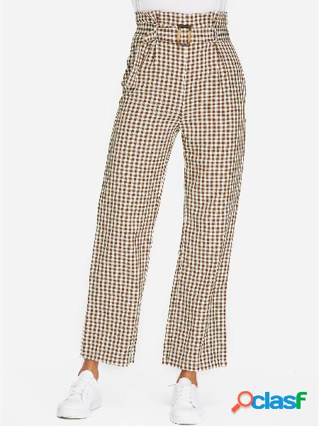 Khaki Belt Design Grid Pantalones de cintura alta