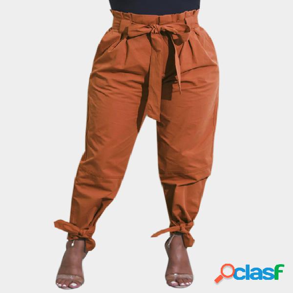 Pantalones de cintura alta de diseño con cordones naranja