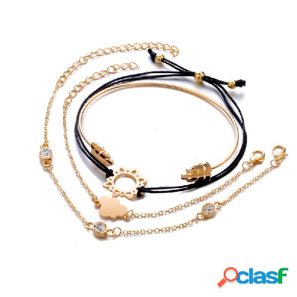 Bohemian Chain Gold Bracelet Set 4PCS Sun Feather Cuerda de