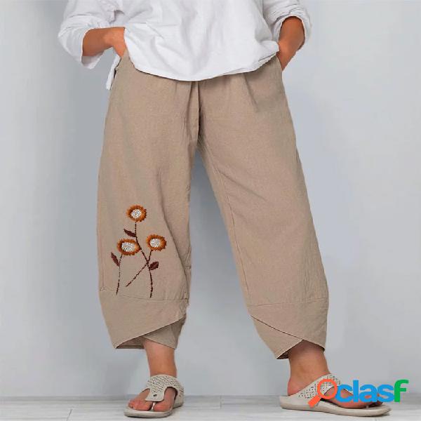 Bordado floral cintura elástica Pantalones para Mujer