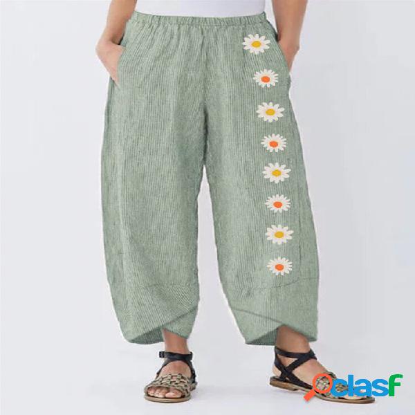 Daisy Flower Impreso Cintura Elástica Pantalones para Mujer