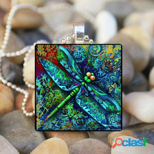 vendimia Blue Dragonfly Insect Glass Colgante Collar Metal