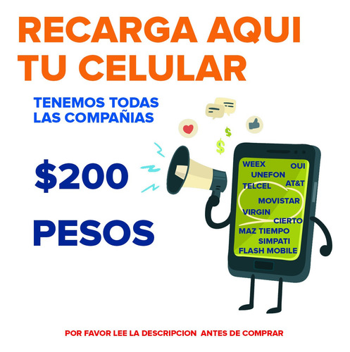 Recargas Electronicas $200, Telcel, Movistar, At&t, Unefon