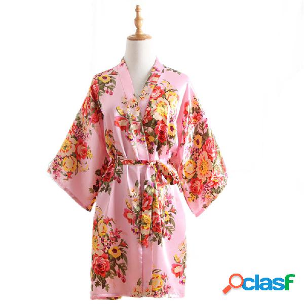 7 colores seda flor de cerezo patrón corto Kimono vestido