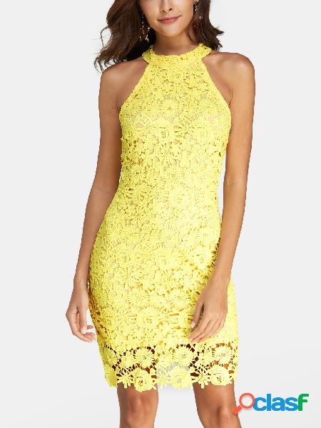 Amarillo Halter Lace Detalles Mini vestido con diseño Zip