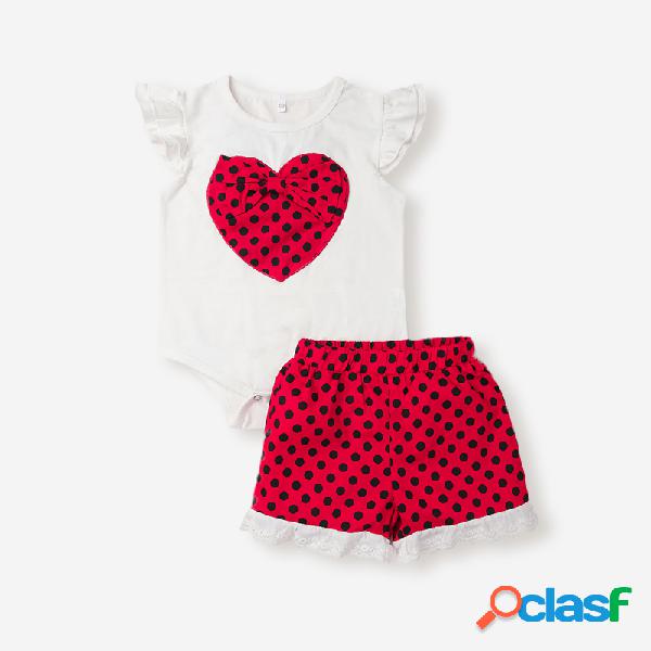 Baby Flying Sleeves Corazón Love Print Tops + Dot Print