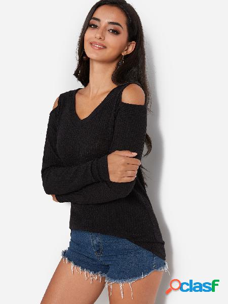 Black V-neck Cold Shoulder Long Sleeves Sweater