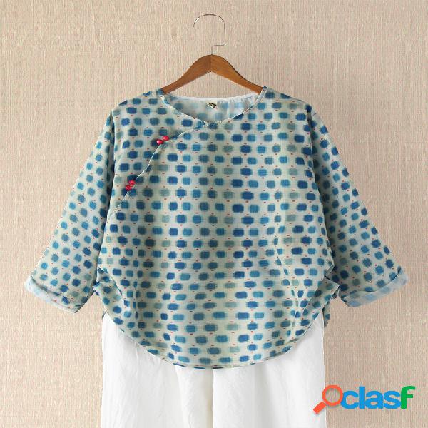 Blusa casual con estampado de botones de rana con cuello en