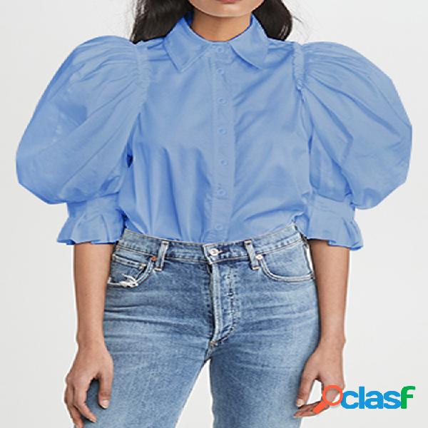 Blusa de manga abullonada de color liso para Mujer