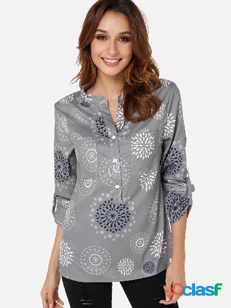 Blusa de manga larga con cuello en V y estampado floral gris