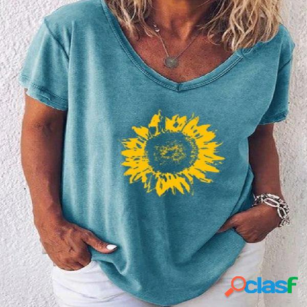 Blusa de verano suelta con cuello en V de girasoles Plus