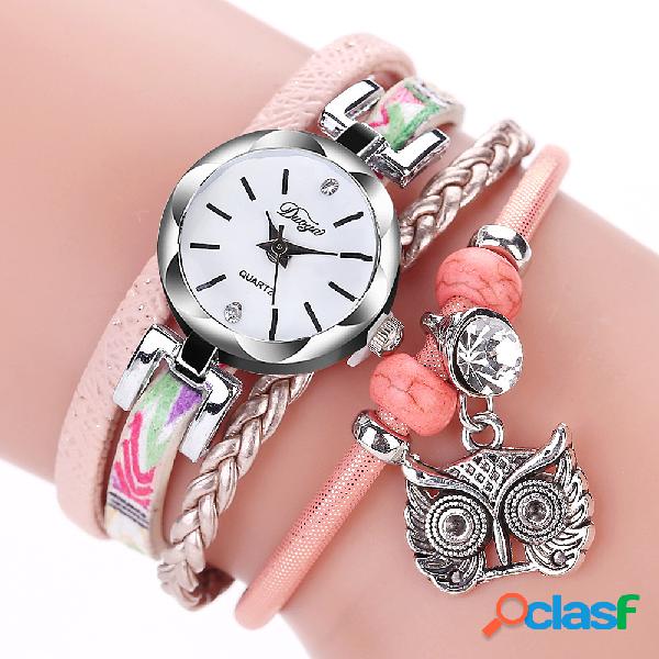 Bohemia estilo lindo búho colgante pulsera de cuero reloj