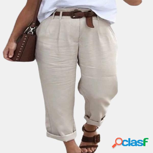 Bolsillos de cintura alta Color liso Casual Pantalones para