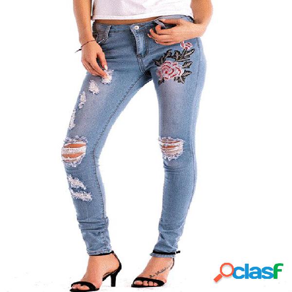 Bordado ajustado de cintura alta elástico Jeans