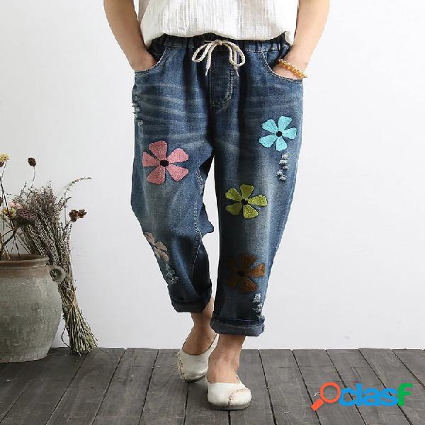Bordado flores cintura elástica pantalones de mezclilla de