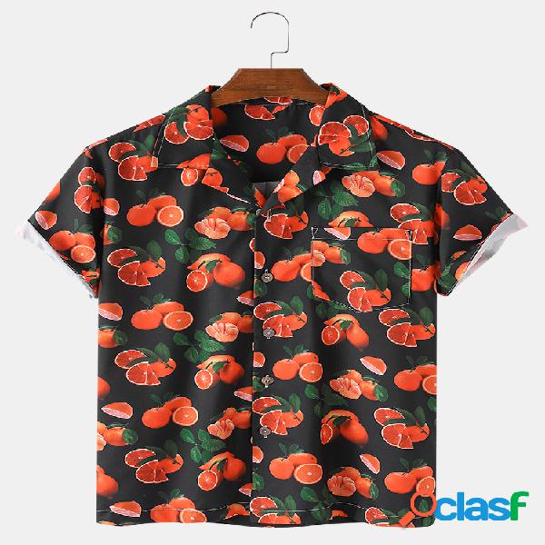 Camisas de manga corta casual con cuello estampado naranja