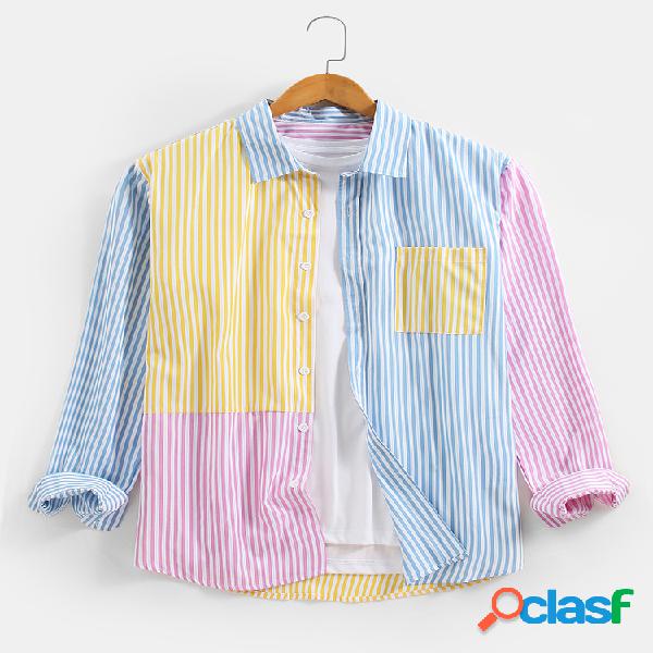 Camisas de manga larga de algodón patchwork a rayas macaron