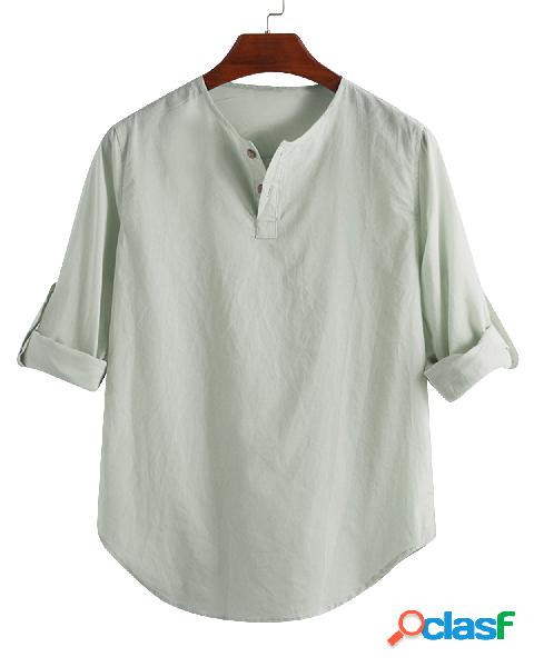 Camisas de manga larga sin cuello de lino de algodón liso