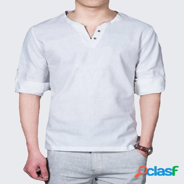 Camiseta casual de manga larga con cuello alto de lino para