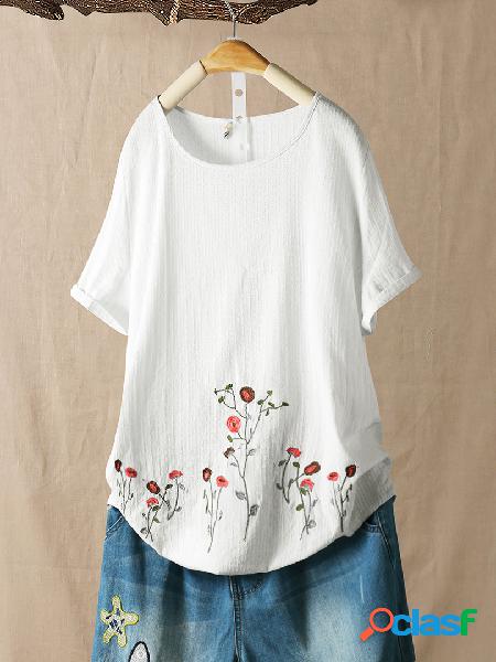 Camiseta con bordado floral Cuello Camiseta de manga corta