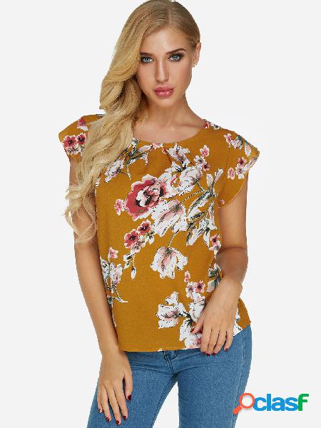Camiseta con cuello redondo estampado floral amarillo al