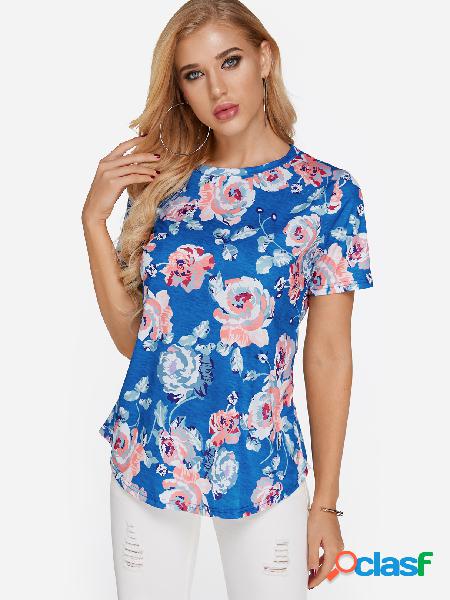 Camiseta con cuello redondo estampado floral azul aleatorio