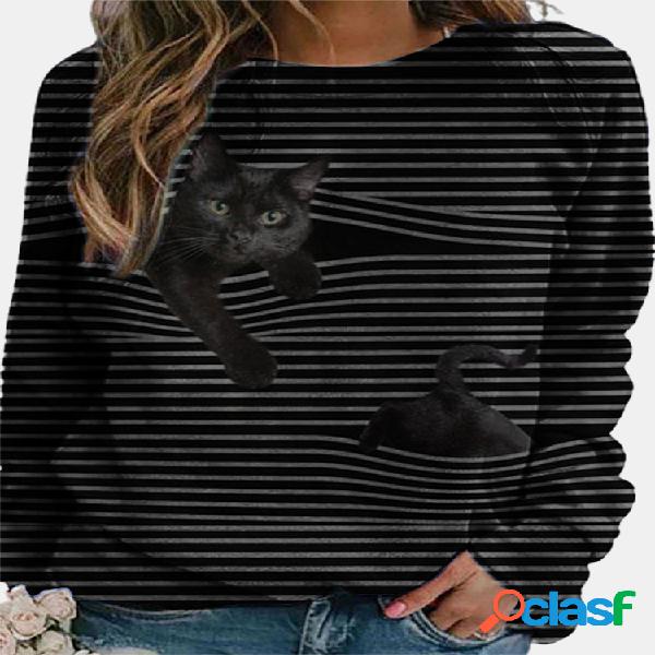 Camiseta con estampado de gato de manga larga a rayas negras