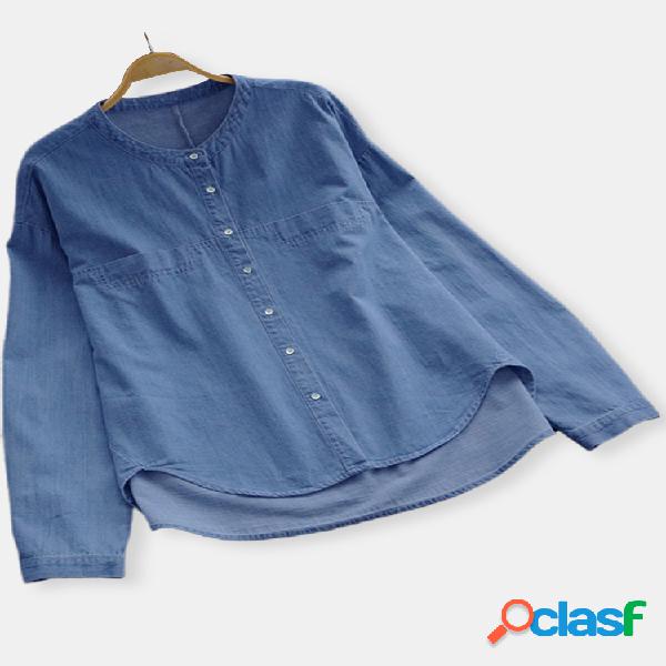 Camiseta de color liso Cuello Denim irregular Plus Talla