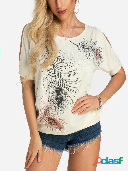 Camiseta de impresión de plumas de albaricoque con hombro