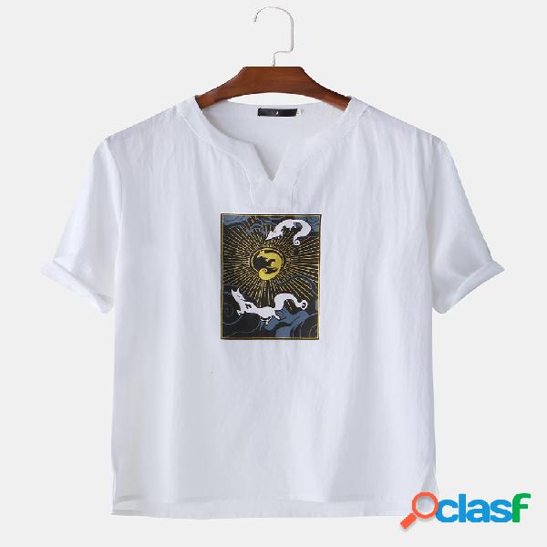 Camisetas de cuello en V con estampado de zorro chino para