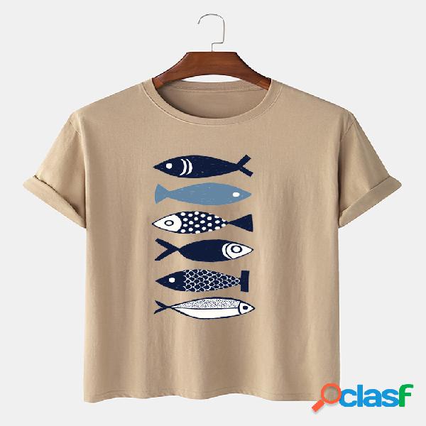 Camisetas de manga corta con estampado de peces de algodón