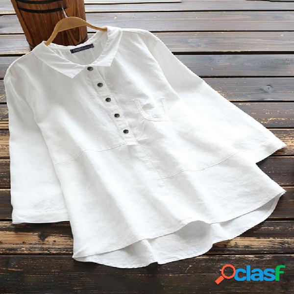 Casual Color sólido Camisa Blusa de algodón de manga larga
