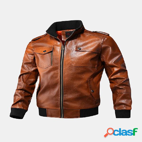 Chaquetas informales de PU con cuello alto y cremallera para