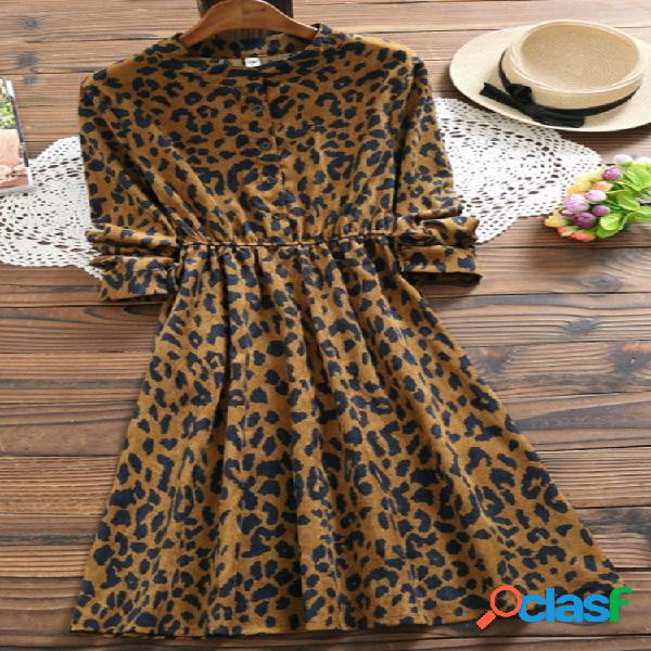 Cuello alto de pana Manga larga Leopardo Vestido