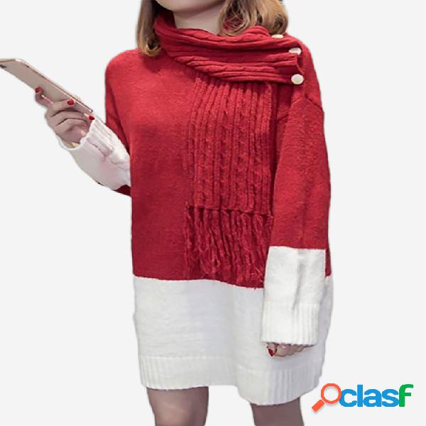 Cuello bufanda de color de contraste Casual Knited Sweater