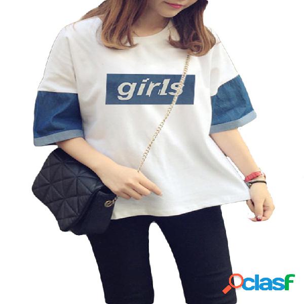 Denim Patchwork impreso letras manga corta Casual camisetas